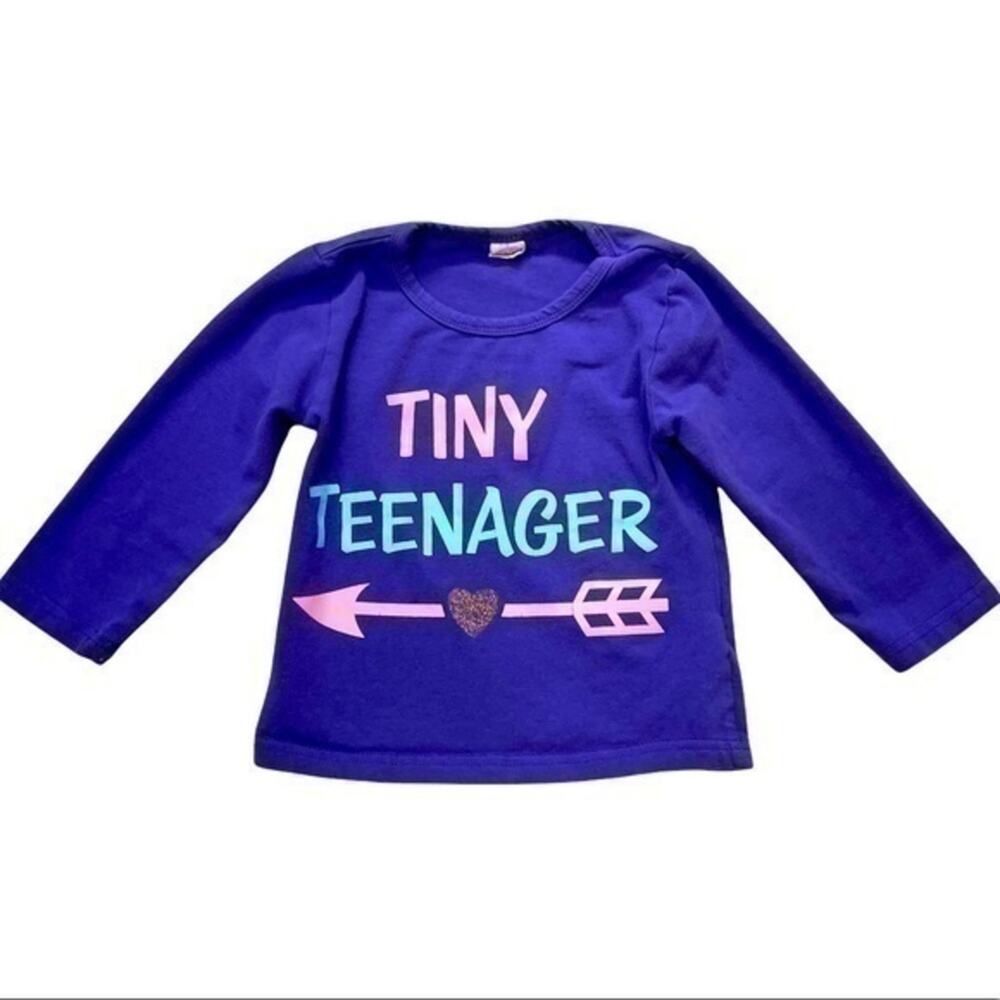Baby Girl “Tiny Teenager” Graphic Tee 2T Purple Long Sleeve Toddler Shirt